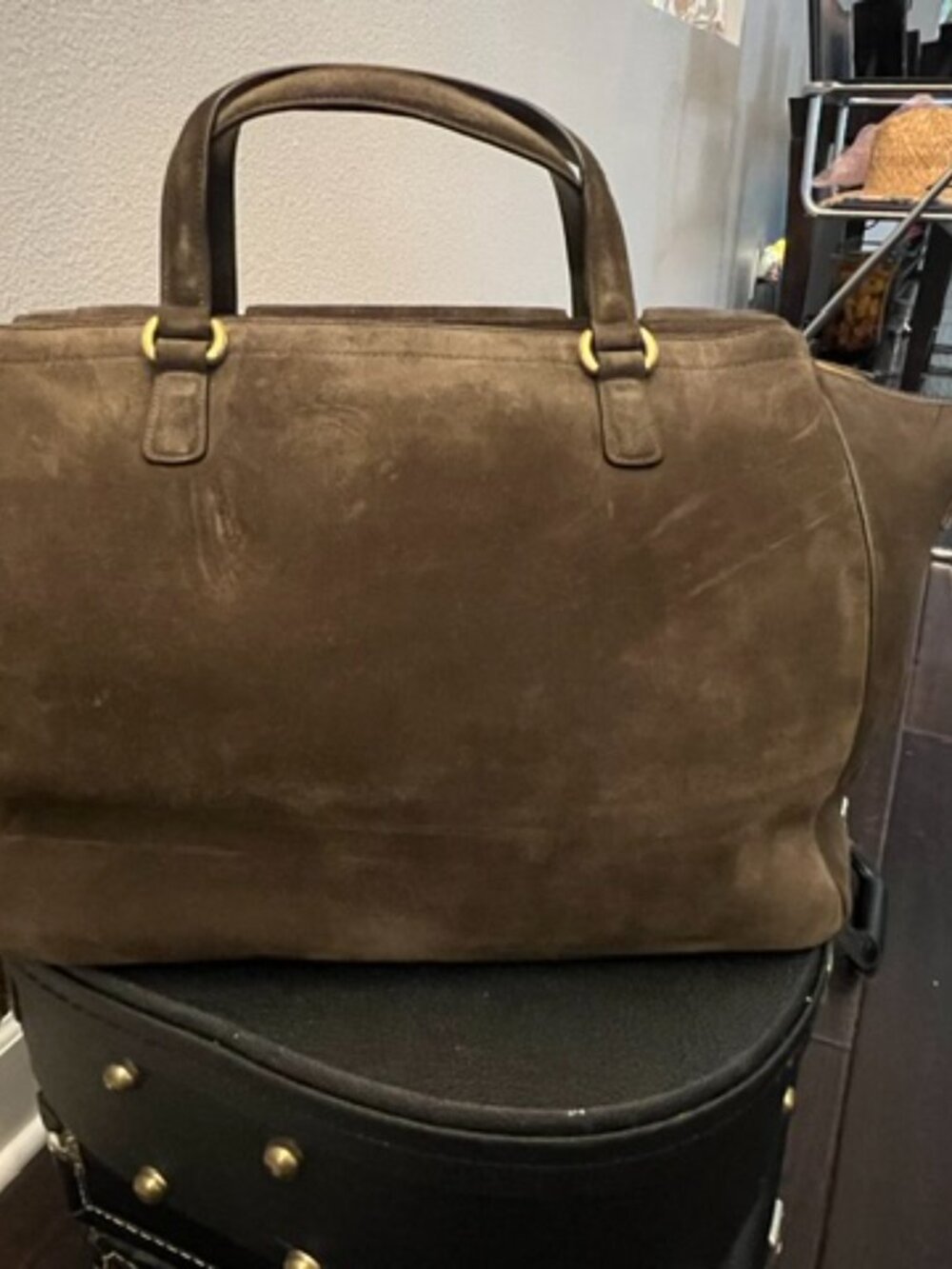 Gucci 1973 Large Brown Suede Top Handle Travel Tote Gold GG "Blondie" - Picture 2 of 15